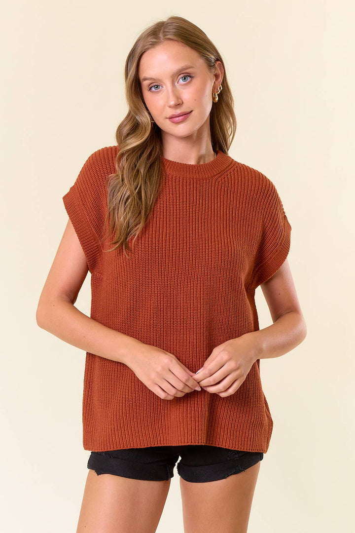 Round Neck Drop Shoulder Ribbed Sweater Vest