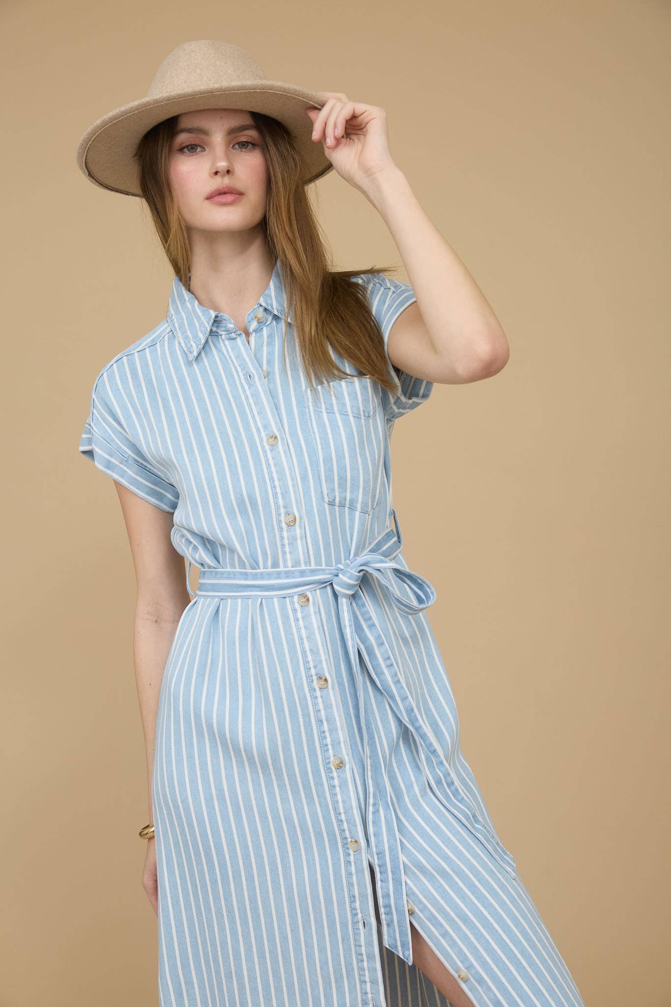 STRIPE CHAMBRAY COLLARED TIE BELT STRAP MIDI DRESS