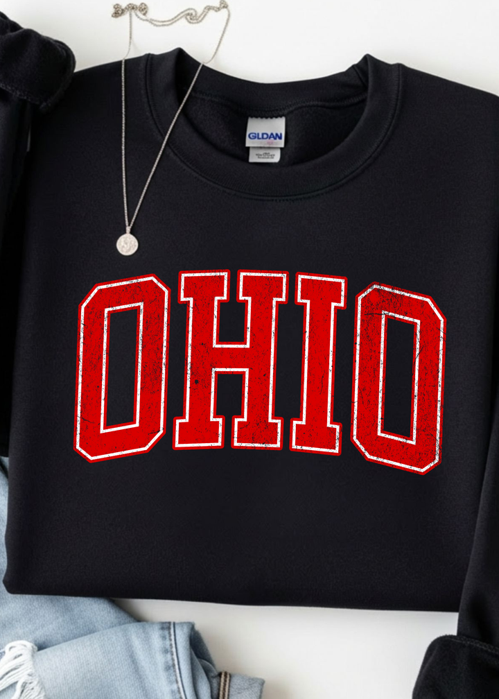 RED DISTRESSED OHIO VARISITY LETTER RED GRAPHIC SWEATSHIRT