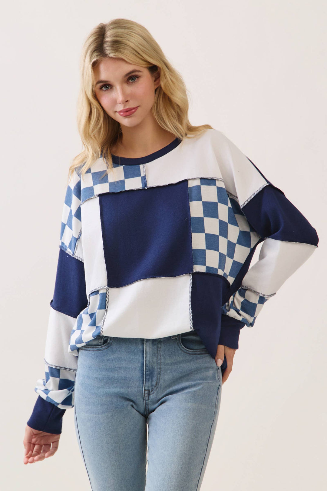 Midnight Navy Check Patchwork Top