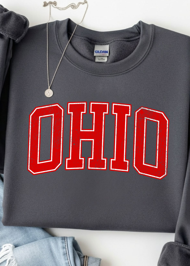 RED DISTRESSED OHIO VARISITY LETTER RED GRAPHIC SWEATSHIRT