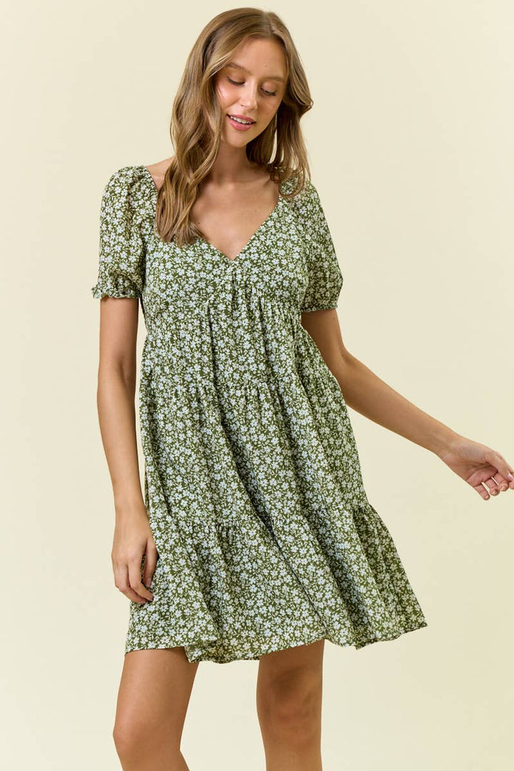 Floral Printed Tiered Mini Dress W/Side Pocket