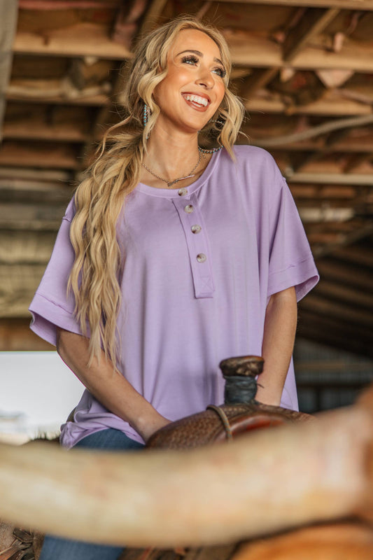 Front Button Detail Terry Cloth Top: LILAC