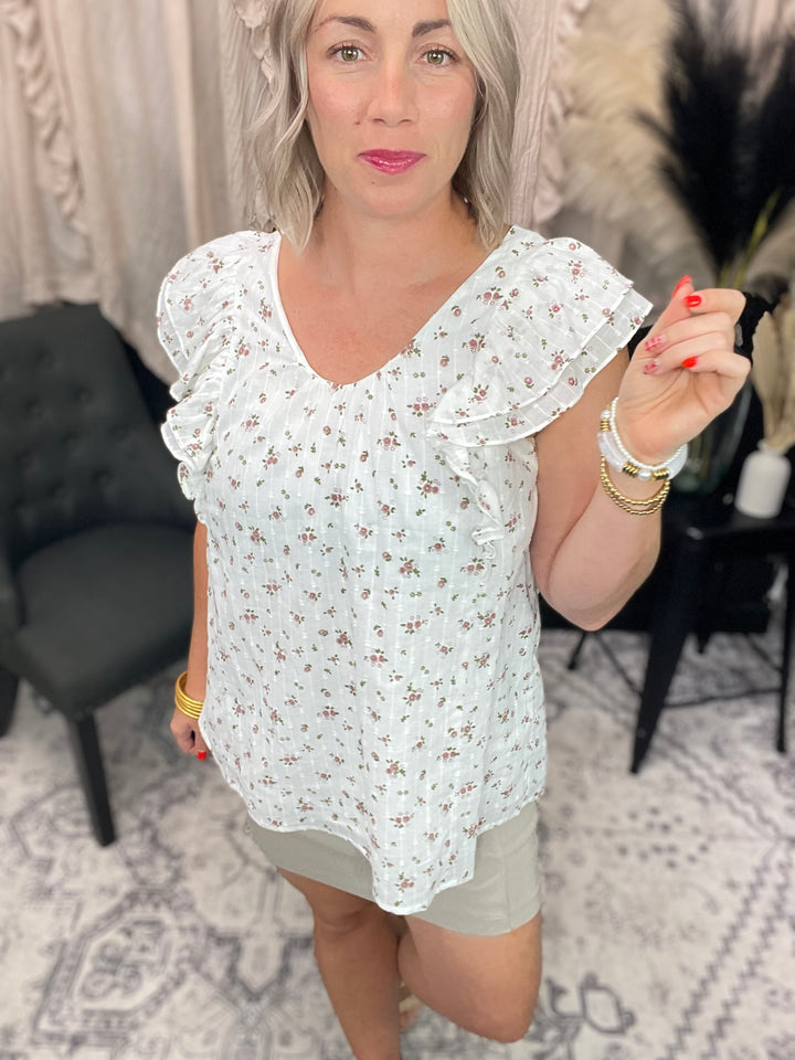 Swiss Dot Floral Print Ruffle Top With Button Back