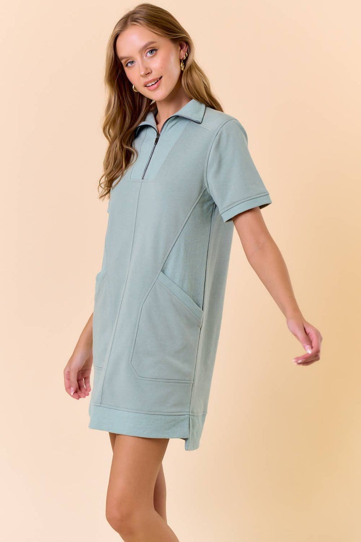 FRENCH TERRY ZIP-FRONT SHORT SLEEVE MINI DRESS