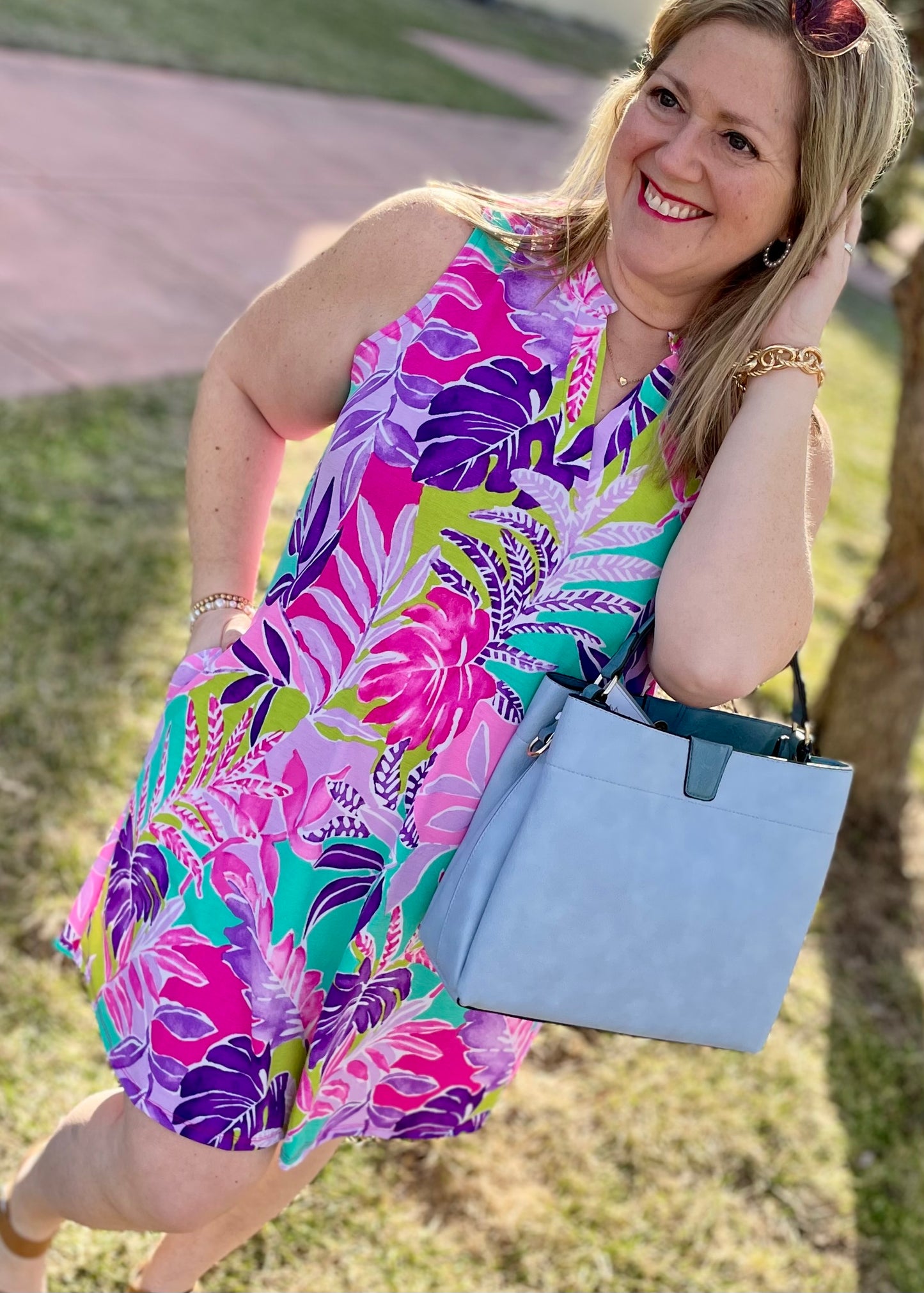 Magenta Summer Tropical Leaf Print Dress