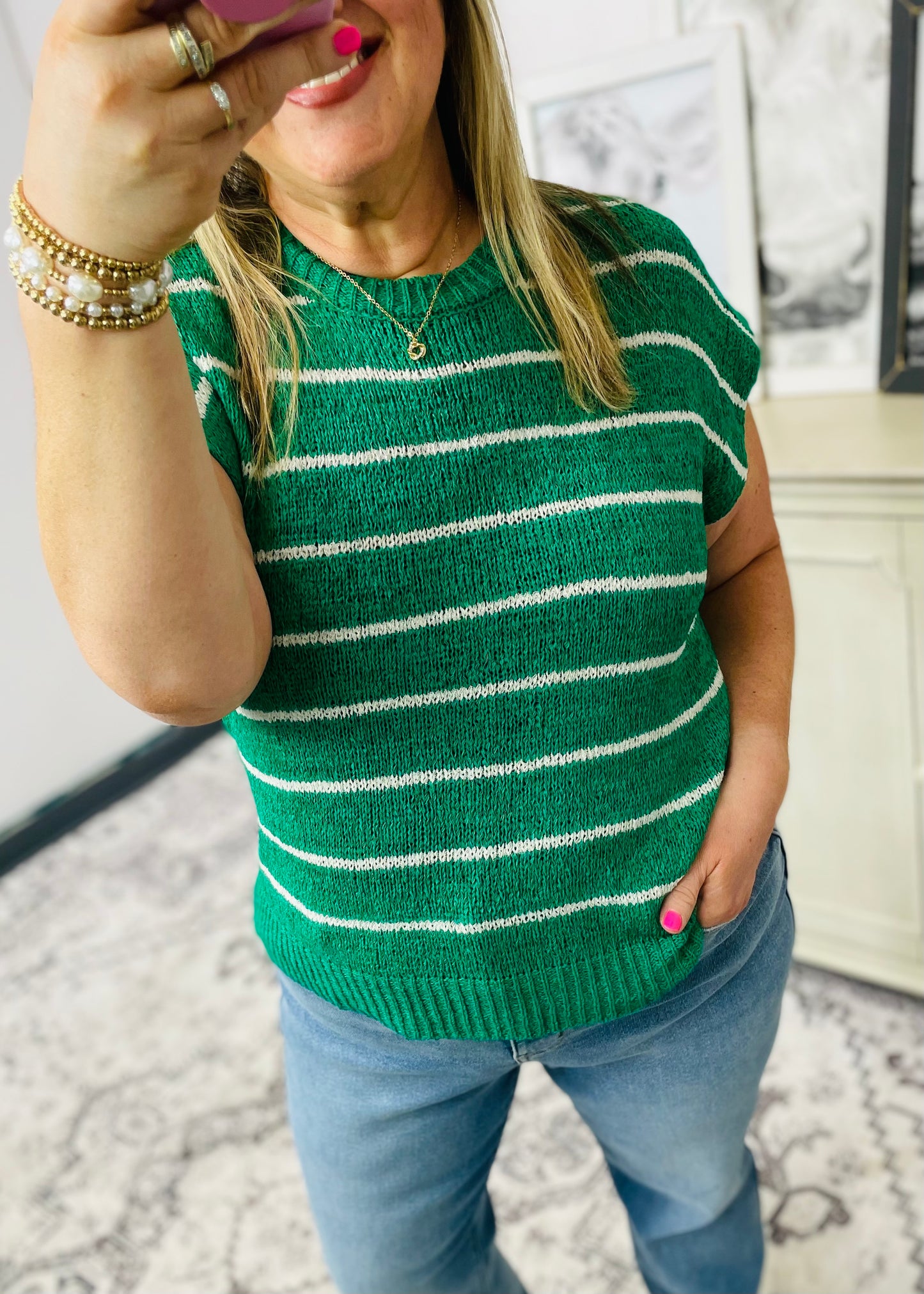 Striped Knit Sweater Vest Top: KELLY GREEN