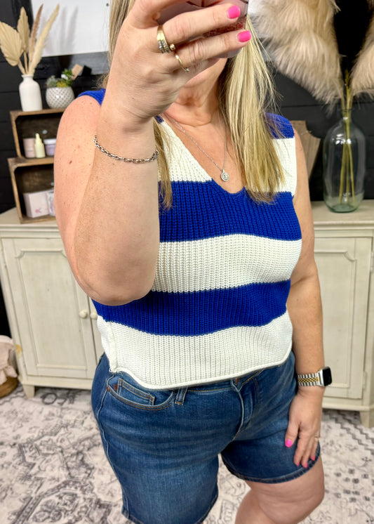Blue and White Sweater Top