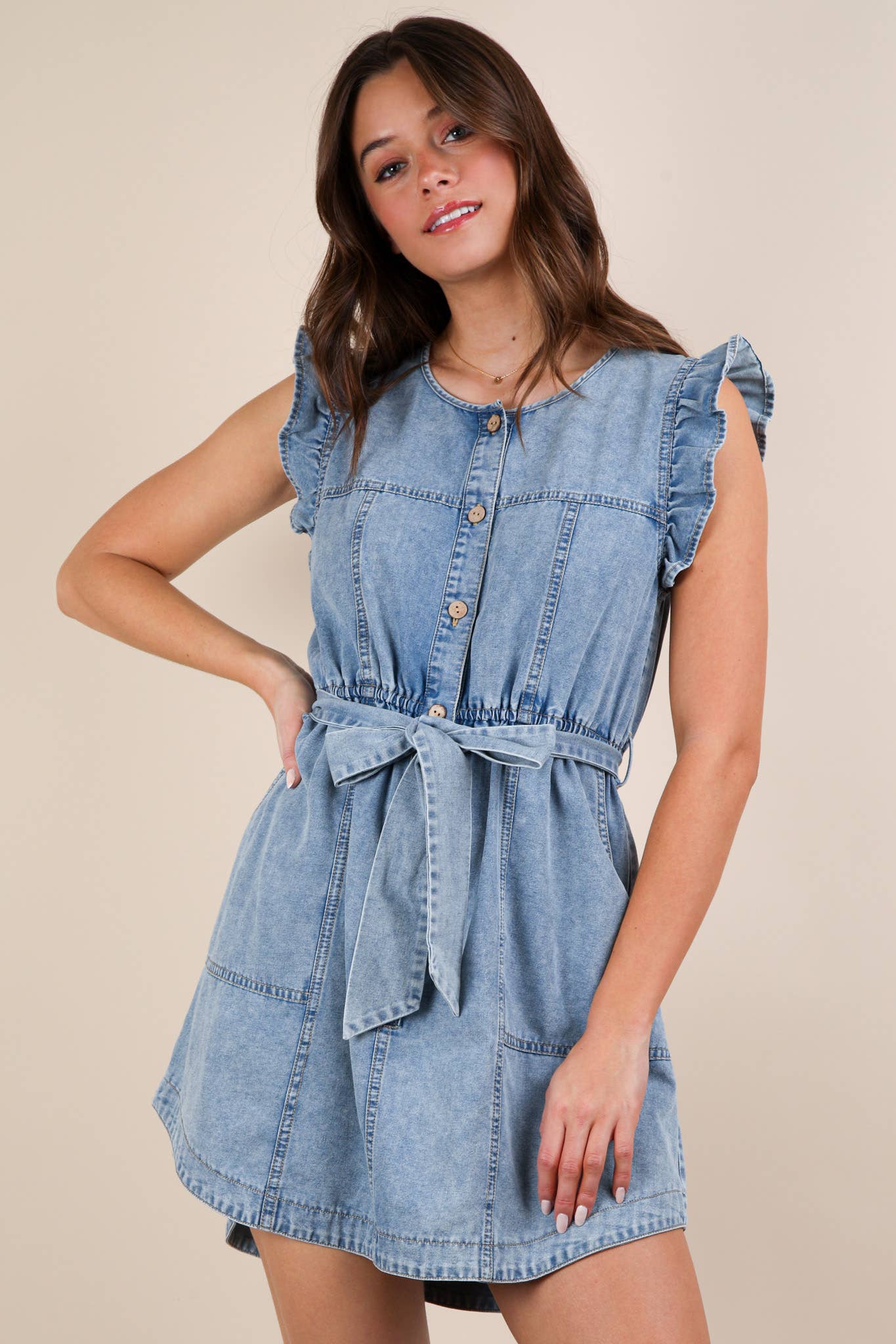 Washed Chambray Ruffle Detail Mini Dress: INDIGO