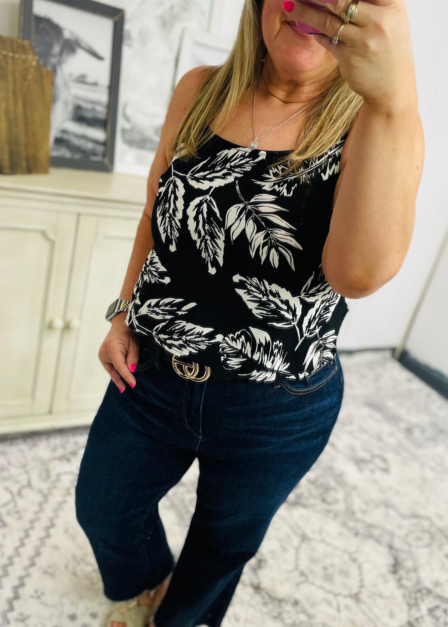 Leaf Cami Top: BLACK/CREAM