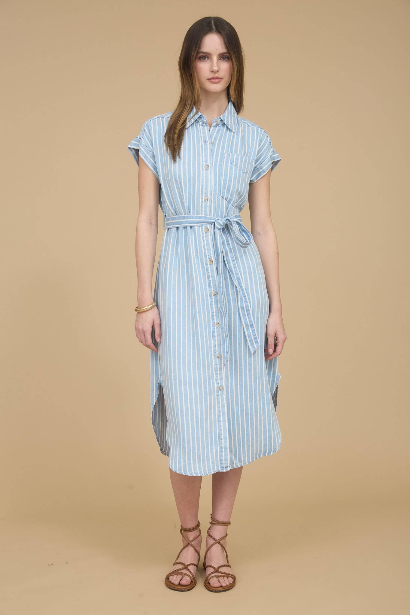 STRIPE CHAMBRAY COLLARED TIE BELT STRAP MIDI DRESS