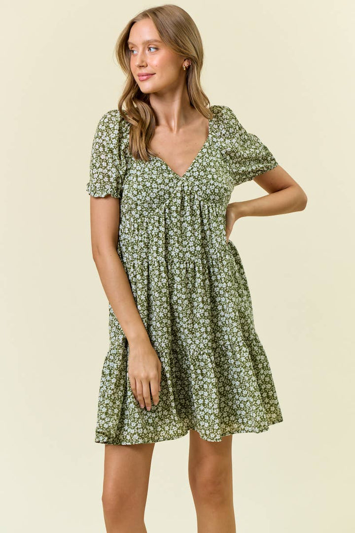 Floral Printed Tiered Mini Dress W/Side Pocket