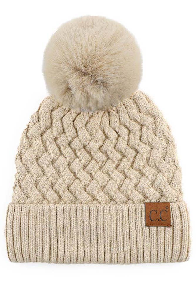 C.C Woven Cable Stitch Cuff Soft Pom Beanie Winter Hat: Light Gray