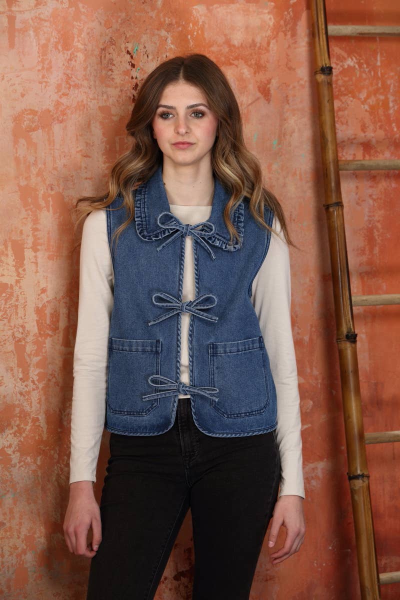 Denim Ruffle Collar Washed Front Bow Tie Vest: Blue Blast