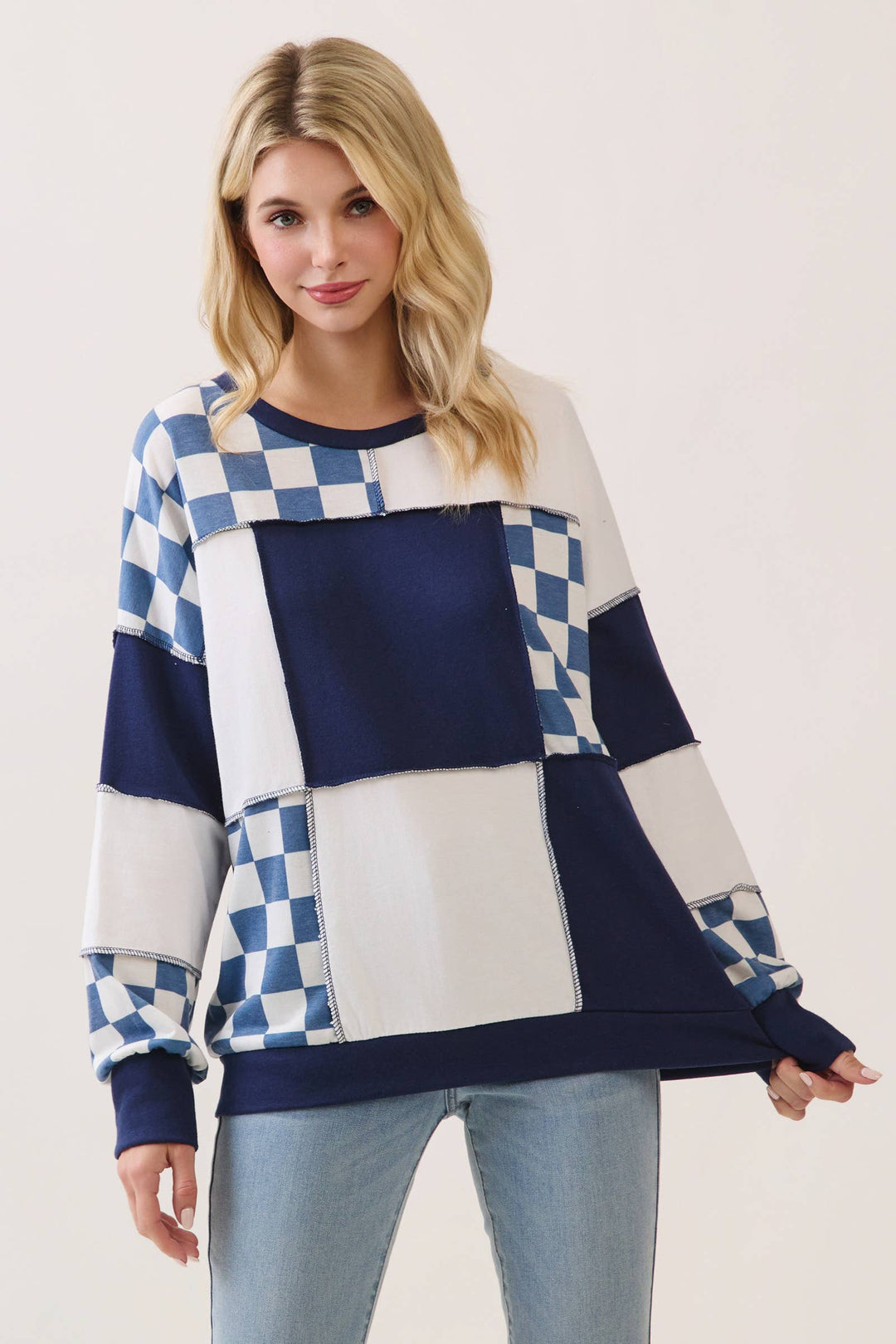 Midnight Navy Check Patchwork Top