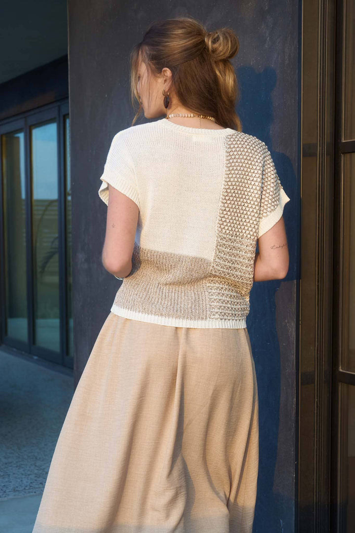 MULTI PATTERN COLORBLOCK SHORT SLEEVE SWEATER TOP: TAUPE MULTI
