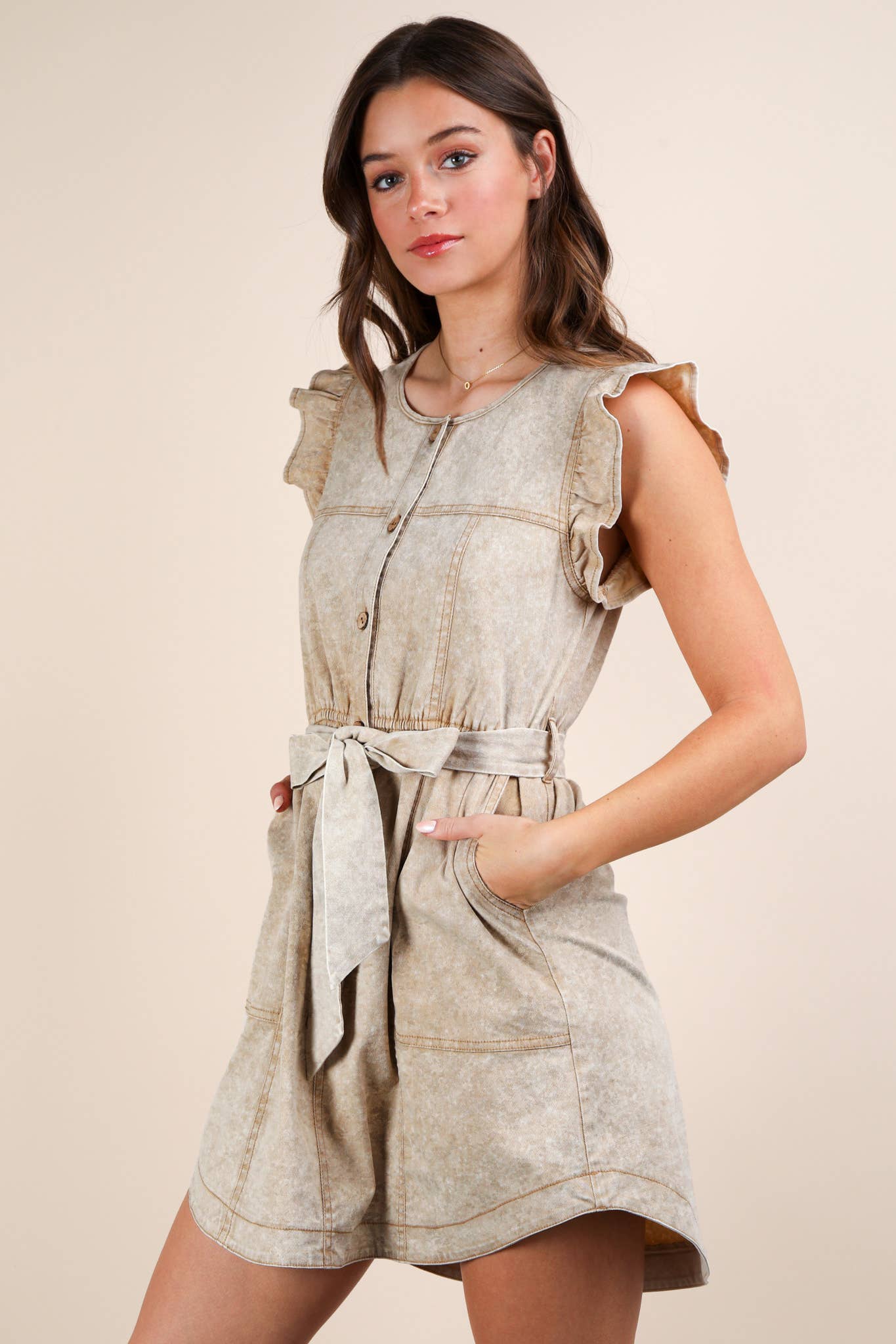 Washed Chambray Ruffle Detail Mini Dress: INDIGO