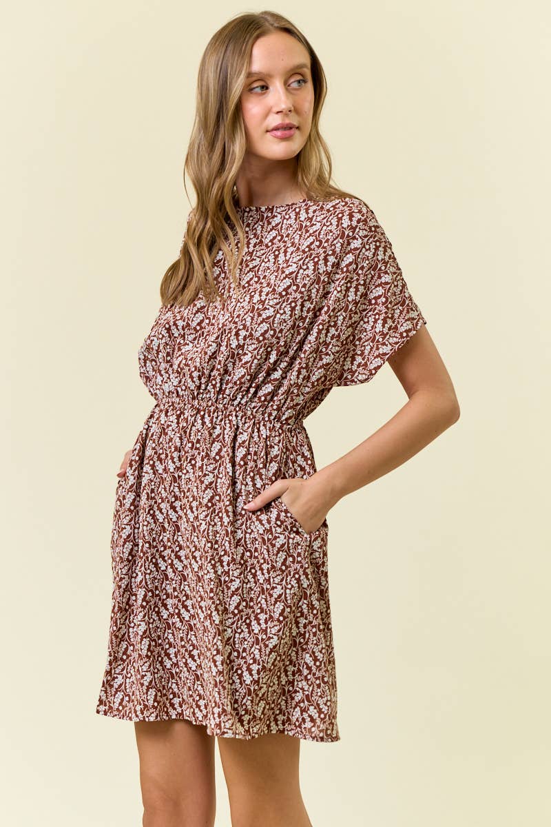 Floral Print Pleat Dolman Short Sleeve Mini Dress
