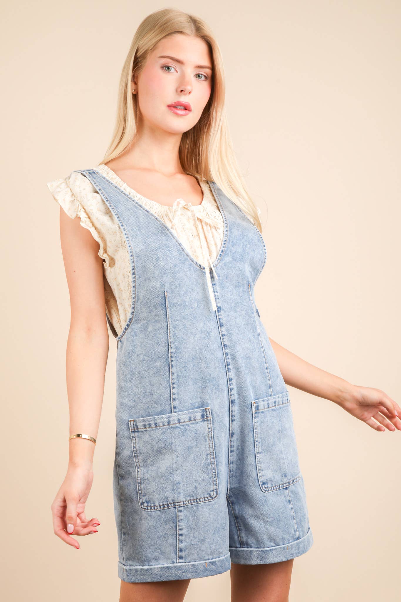 Washed Denim Casual Romper: INDIGO