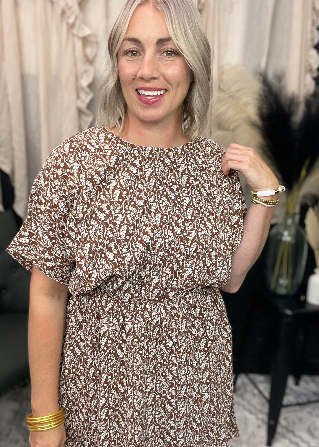 Floral Print Pleat Dolman Short Sleeve Mini Dress