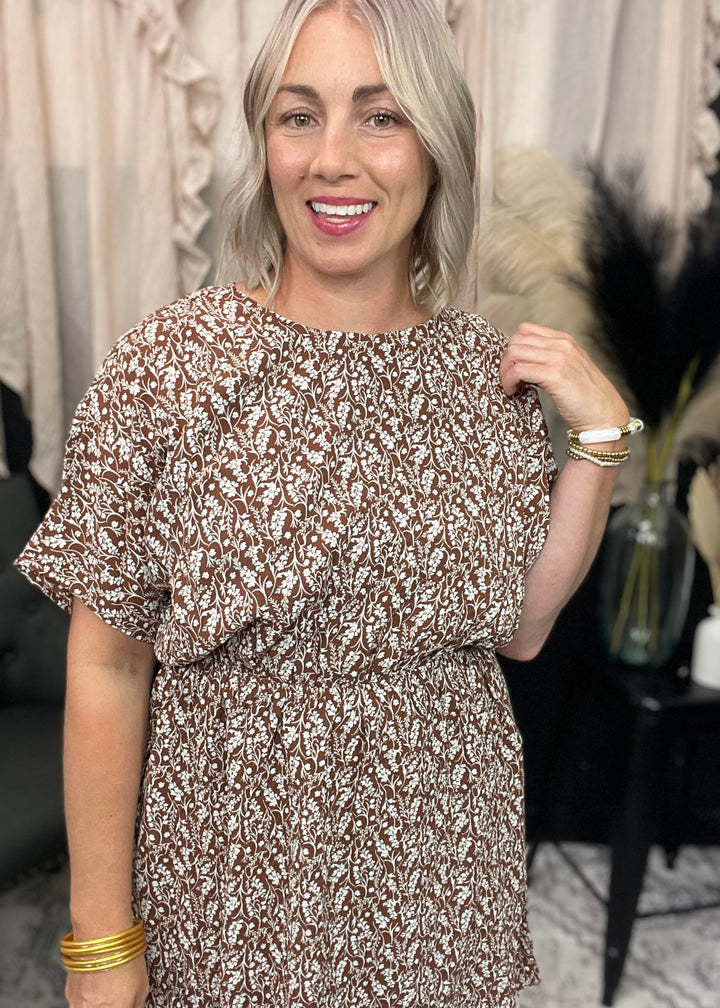 Floral Print Pleat Dolman Short Sleeve Mini Dress