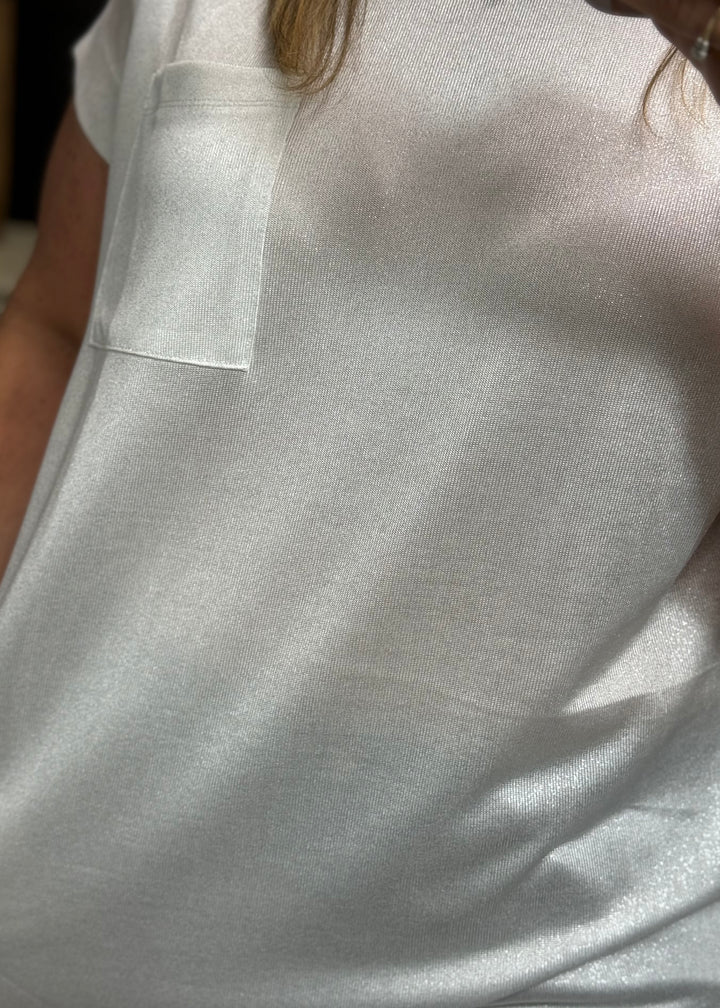 White Shimmer Short Sleeve Pocketed Tunic Top