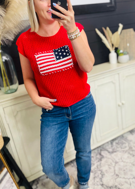 AMERICAN FLAG CROCHET KNIT SWEATER TOP