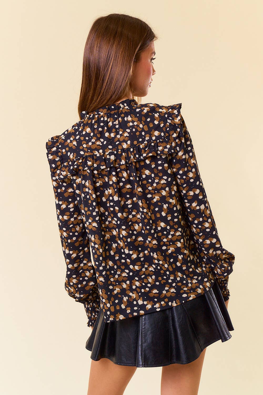 Abstract V-Neck Smocked Cuff Blouse