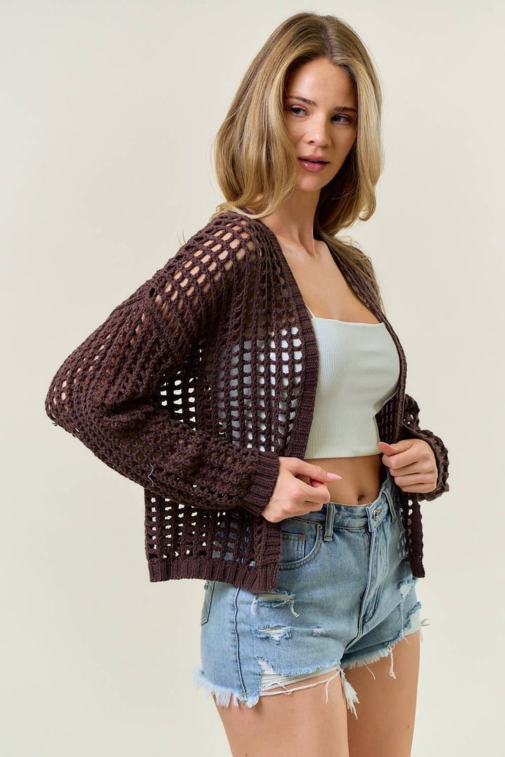 Espresso Fishnet Open Cardigan