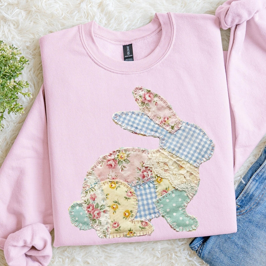 ⭐Best Seller ⭐ Faux Floral Bunny Patchwork Graphic Tee or Pullover - Made to Order