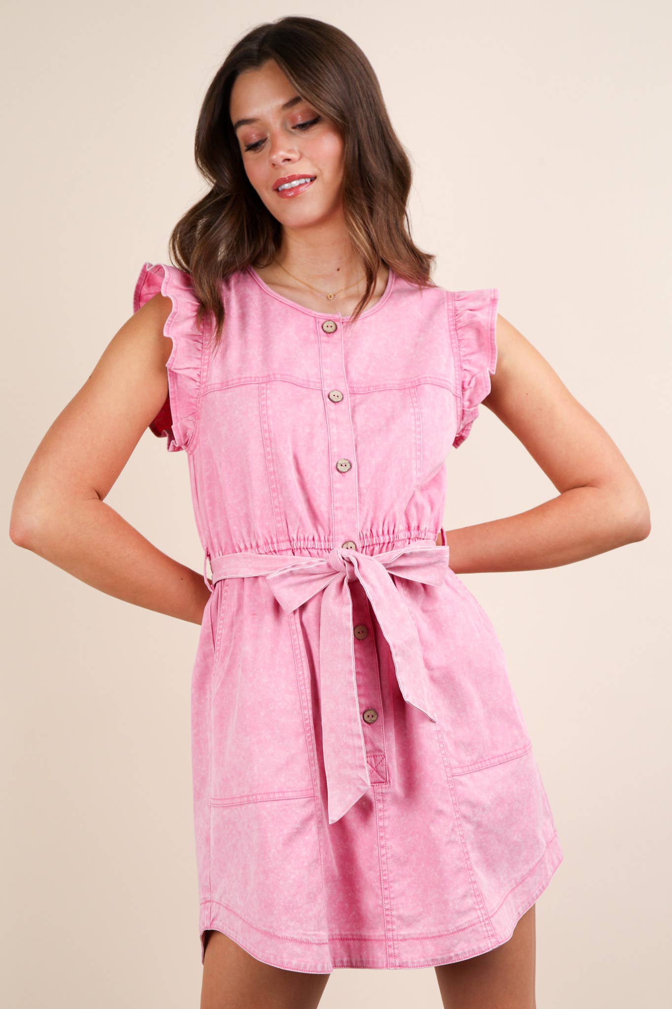 Washed Chambray Ruffle Detail Mini Dress: INDIGO