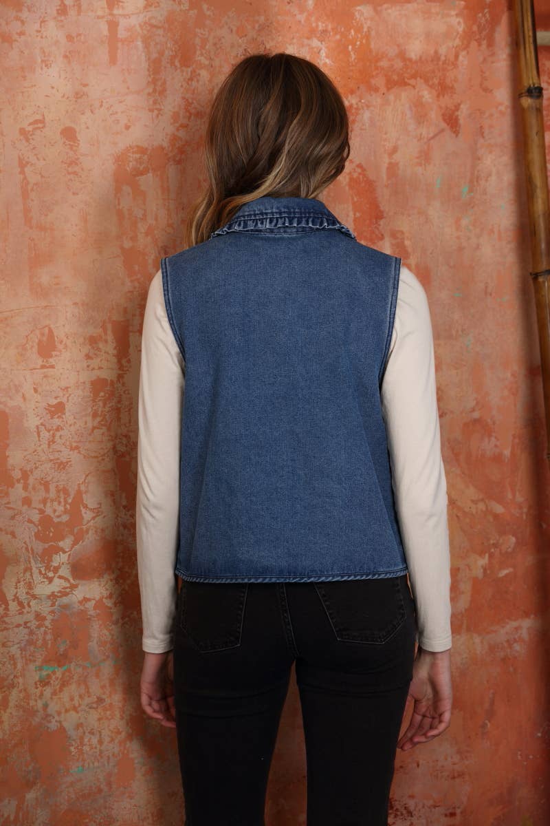 Denim Ruffle Collar Washed Front Bow Tie Vest: Blue Blast