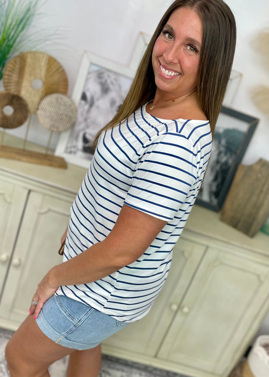 Blue Stripe Boat Neck Top