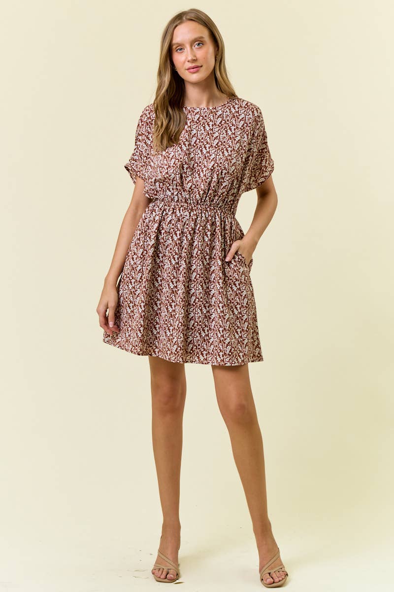 Floral Print Pleat Dolman Short Sleeve Mini Dress