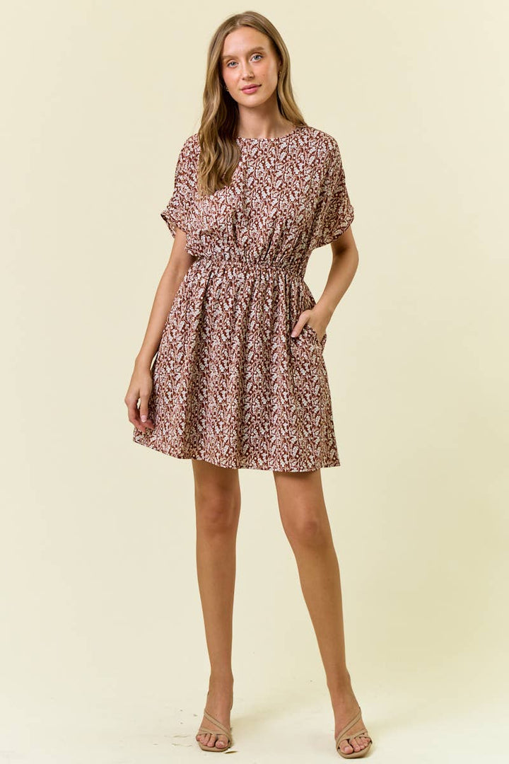 Floral Print Pleat Dolman Short Sleeve Mini Dress