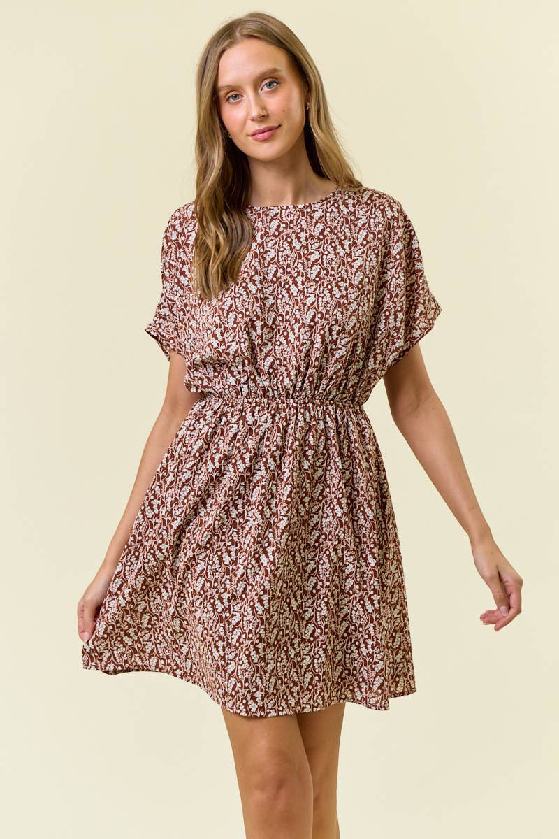 Floral Print Pleat Dolman Short Sleeve Mini Dress