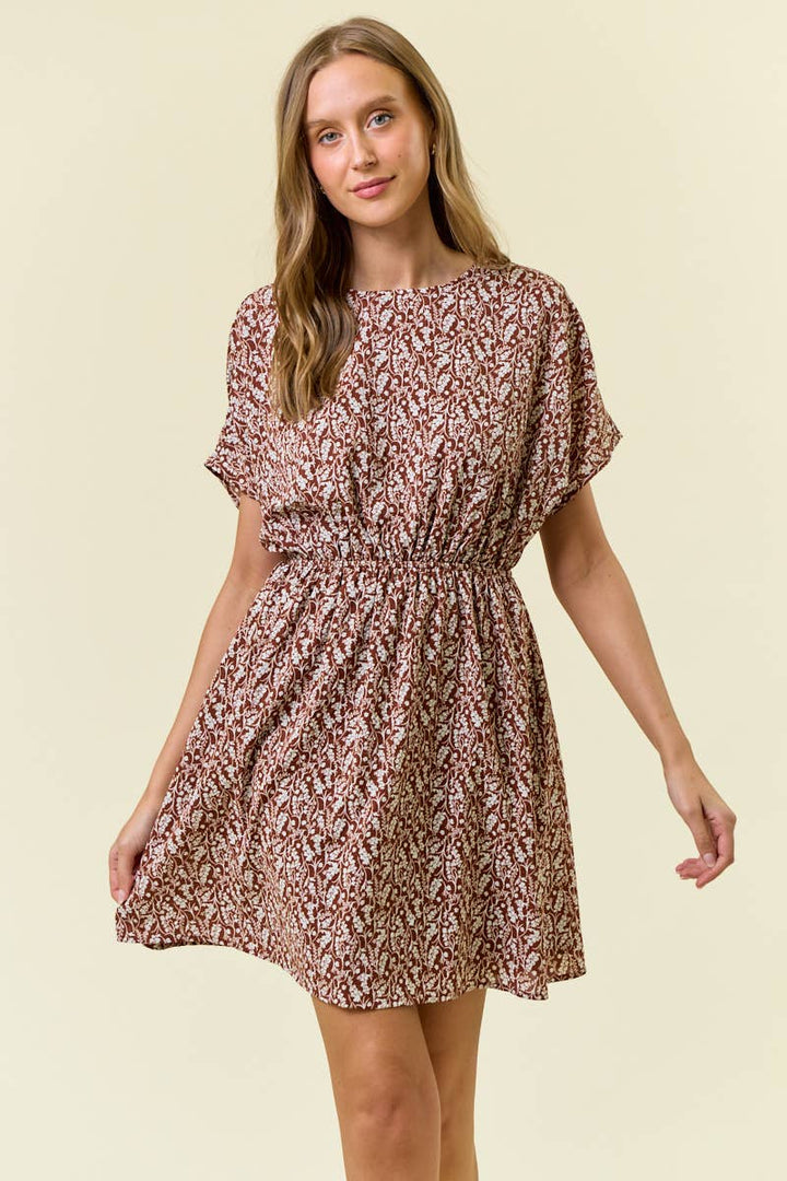 Floral Print Pleat Dolman Short Sleeve Mini Dress