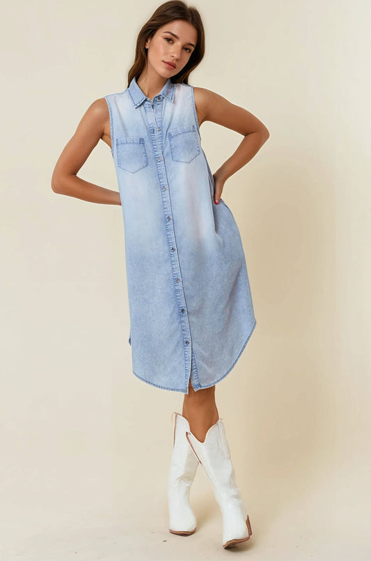 SLEEVELESS TENCEL DENIM  SHIRT DRESS