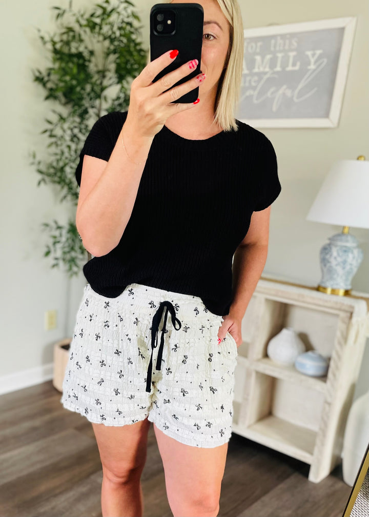 Frill Bow Printed Drawstring Waist Wide Leg Short