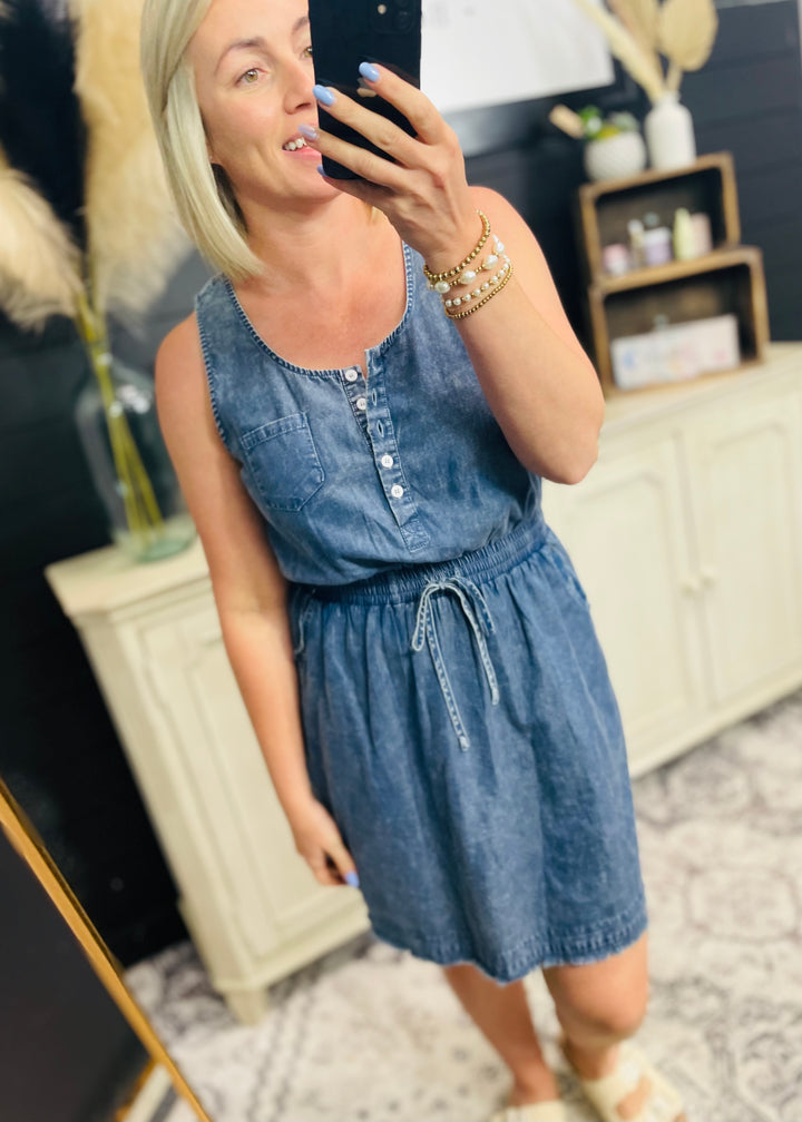 Scoop Neck Frayed Hem Denim Henley Mini Dress