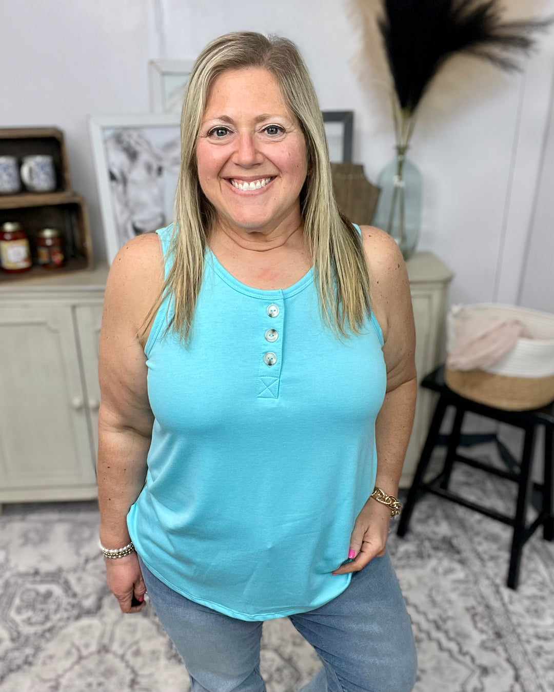 Front Button Detail Terry Cloth Tank Top: AQUA