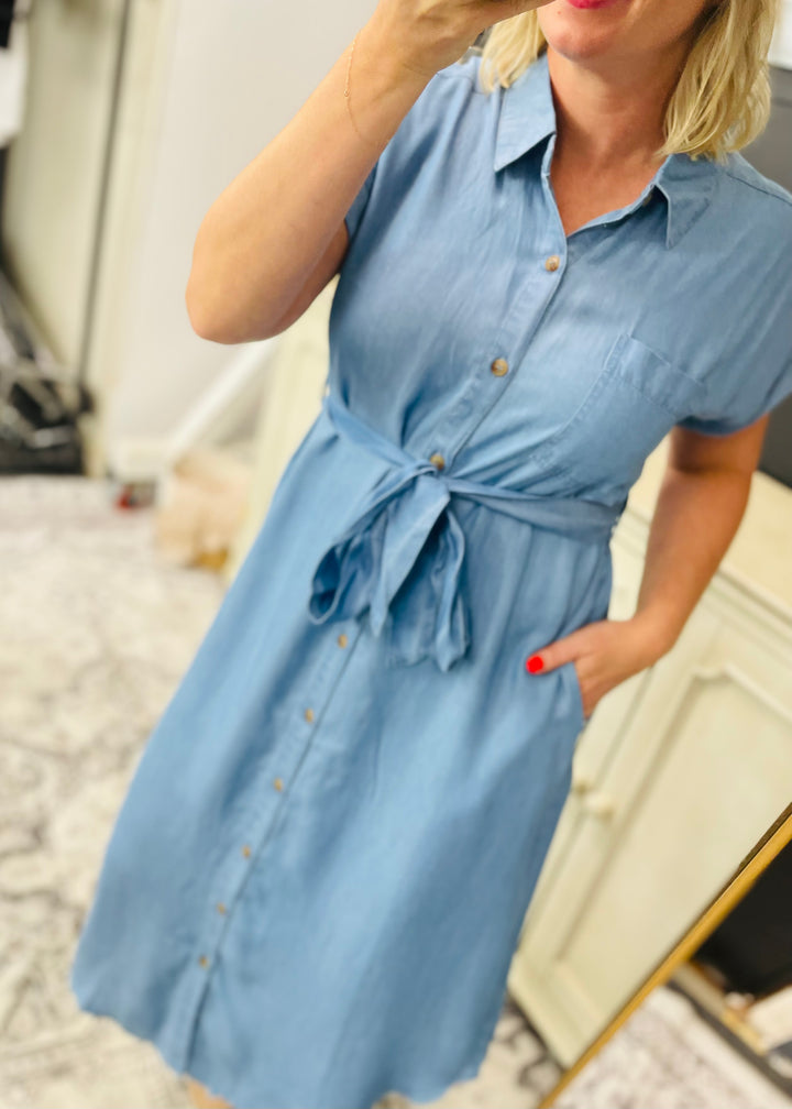 Chambray Belted Button Down Dress