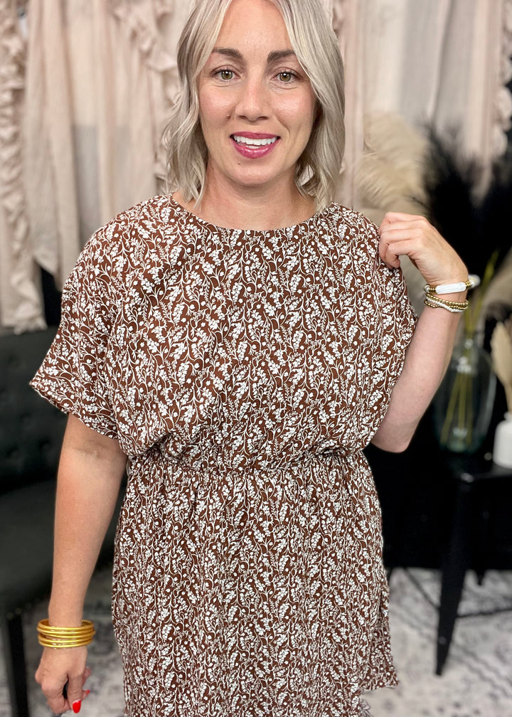 Floral Print Pleat Dolman Short Sleeve Mini Dress