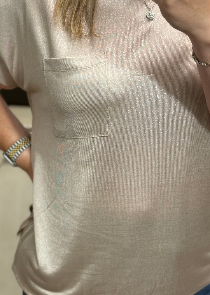 Sand Shimmer Short Sleeve Pocketed Tunic Top