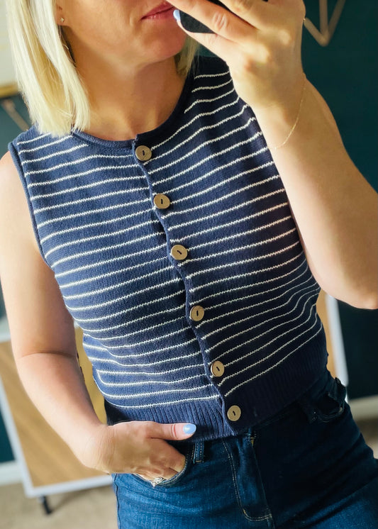 STRIPE RAW EDGE BUTTON DOWN CARDIGAN VEST