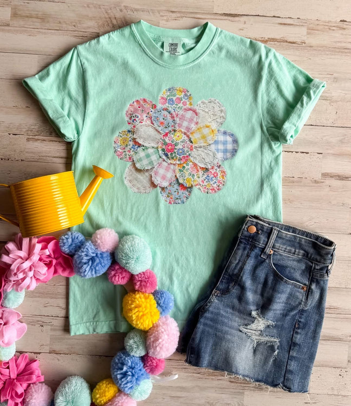 Faux Patchwork Floral Daisy Graphic Tee
