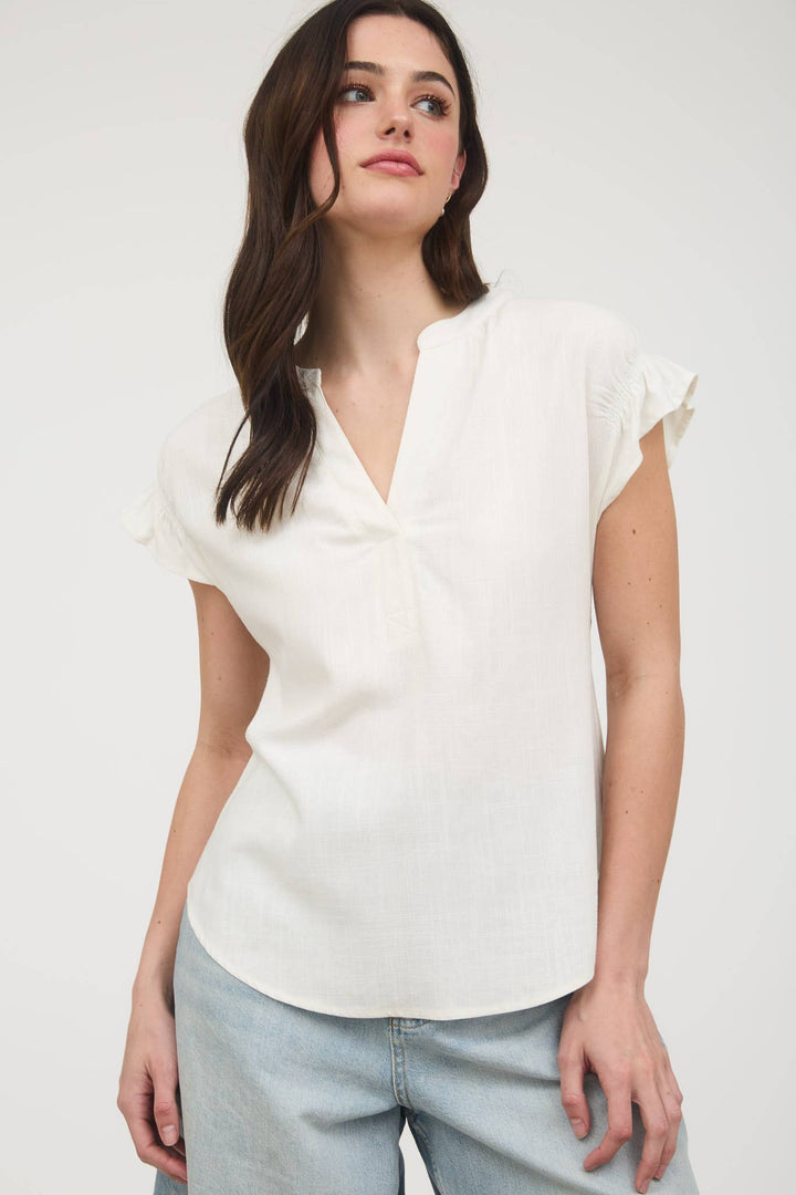 White Split Neck Linen Blouse