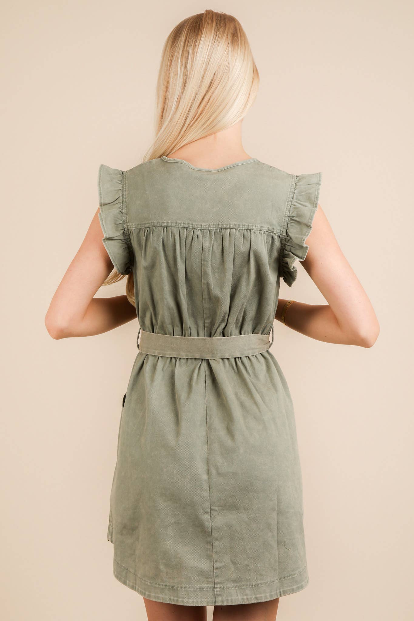 Washed Chambray Ruffle Detail Mini Dress: INDIGO