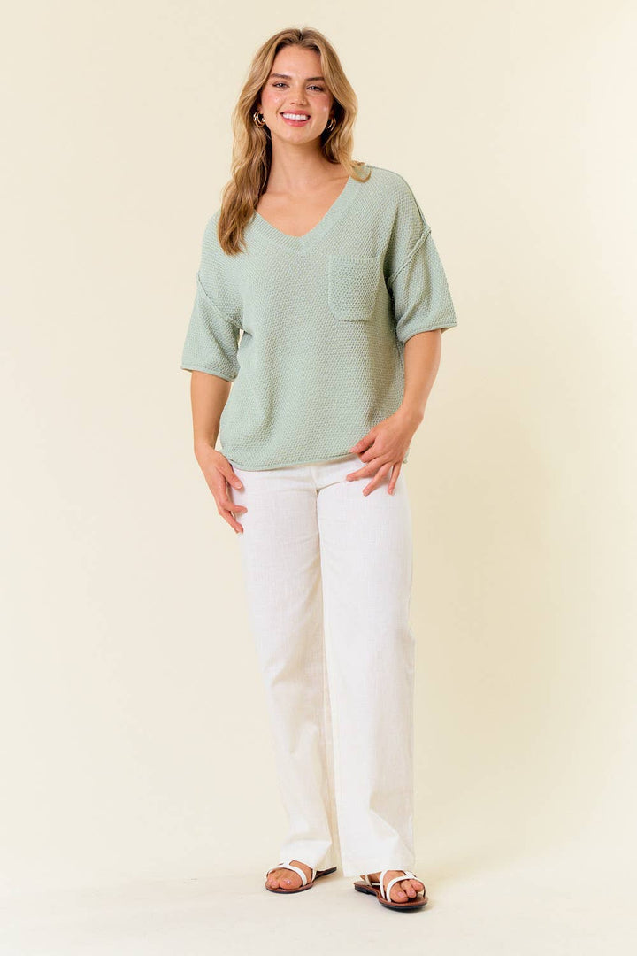 V-Neck Dropped Short Sleeve Exposed Seam Sweater