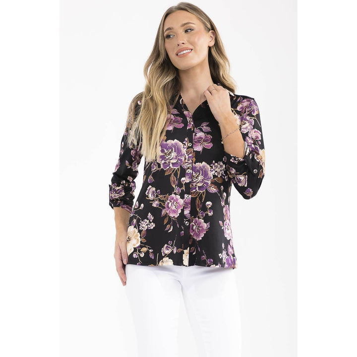 FOIL FLORAL COLLAR SHIRT: BLACK/PLUM/GOLD